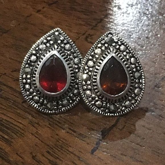 Faceted Garnet Marcasite Sterling Silver Teardrop Earrings - Picture 2 of 6